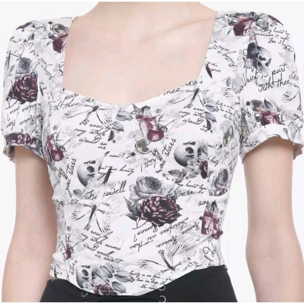 Hot Topic Romeo and Juliet Skull Rose Corset Top White Whimsigoth Puff Sleeve‎ L
